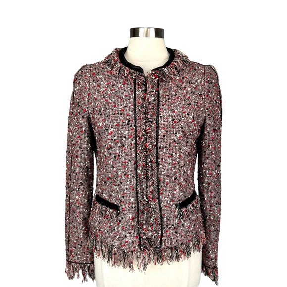 McGinn Red Bijou Tweed Fringe Blazer Wool Blend Hook Front size 8 - Picture 1 of 13